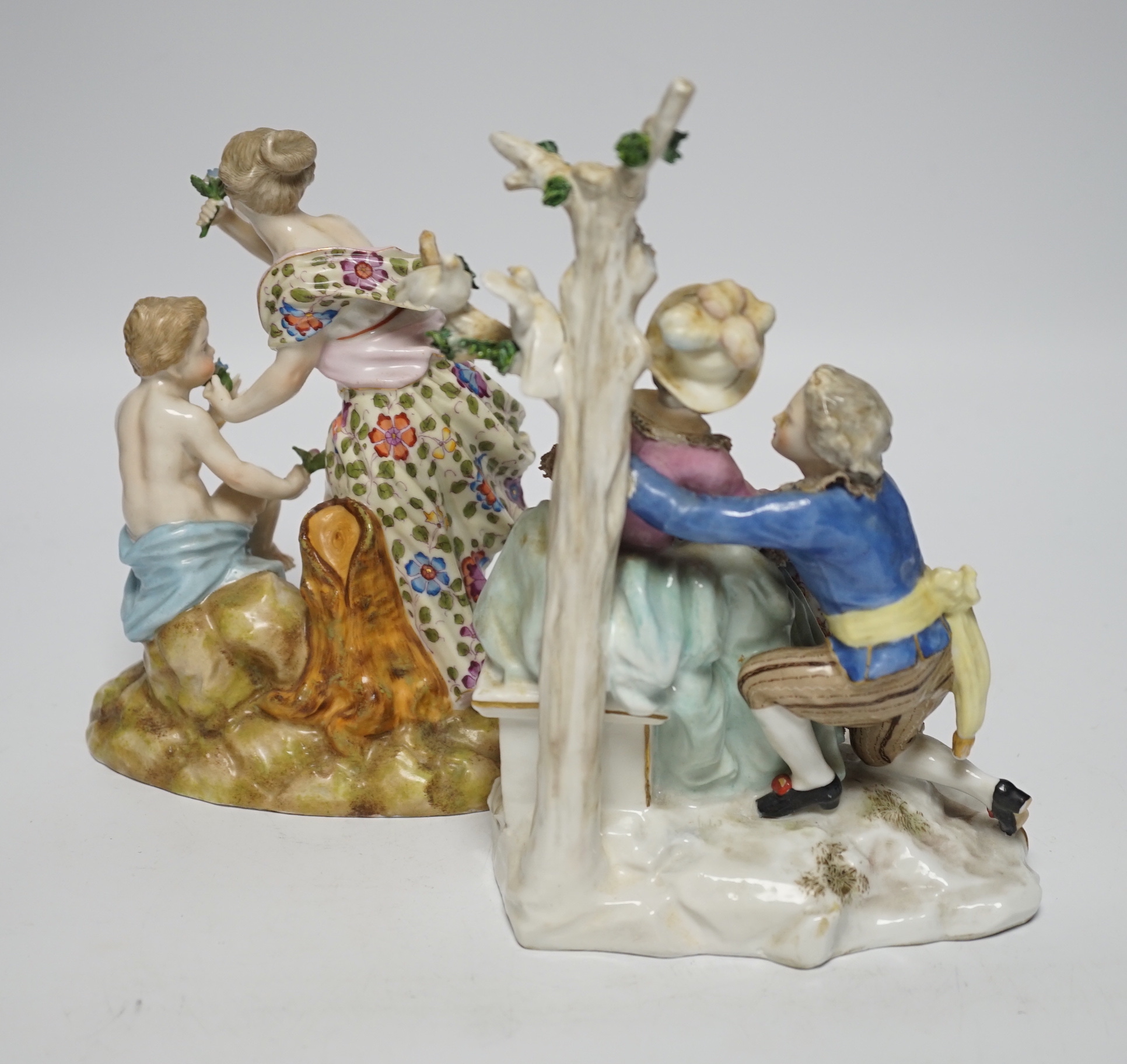 A Sitzendorf group, a German porcelain group and a Samson tea canister, tallest figure group 21cm high